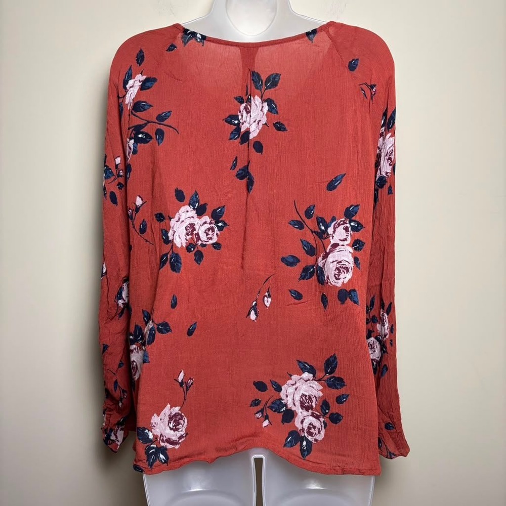 G&F Collection Terracotta Rust Floral Blouse Pintuck Long Sleeve Top Women Large - Picture 5 of 9